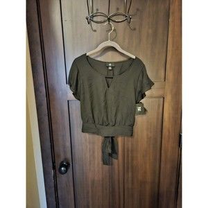 NWT Women's IZ Byer Chiffon Black Casual Wrap Tie Blouse Top Size XS X-Small